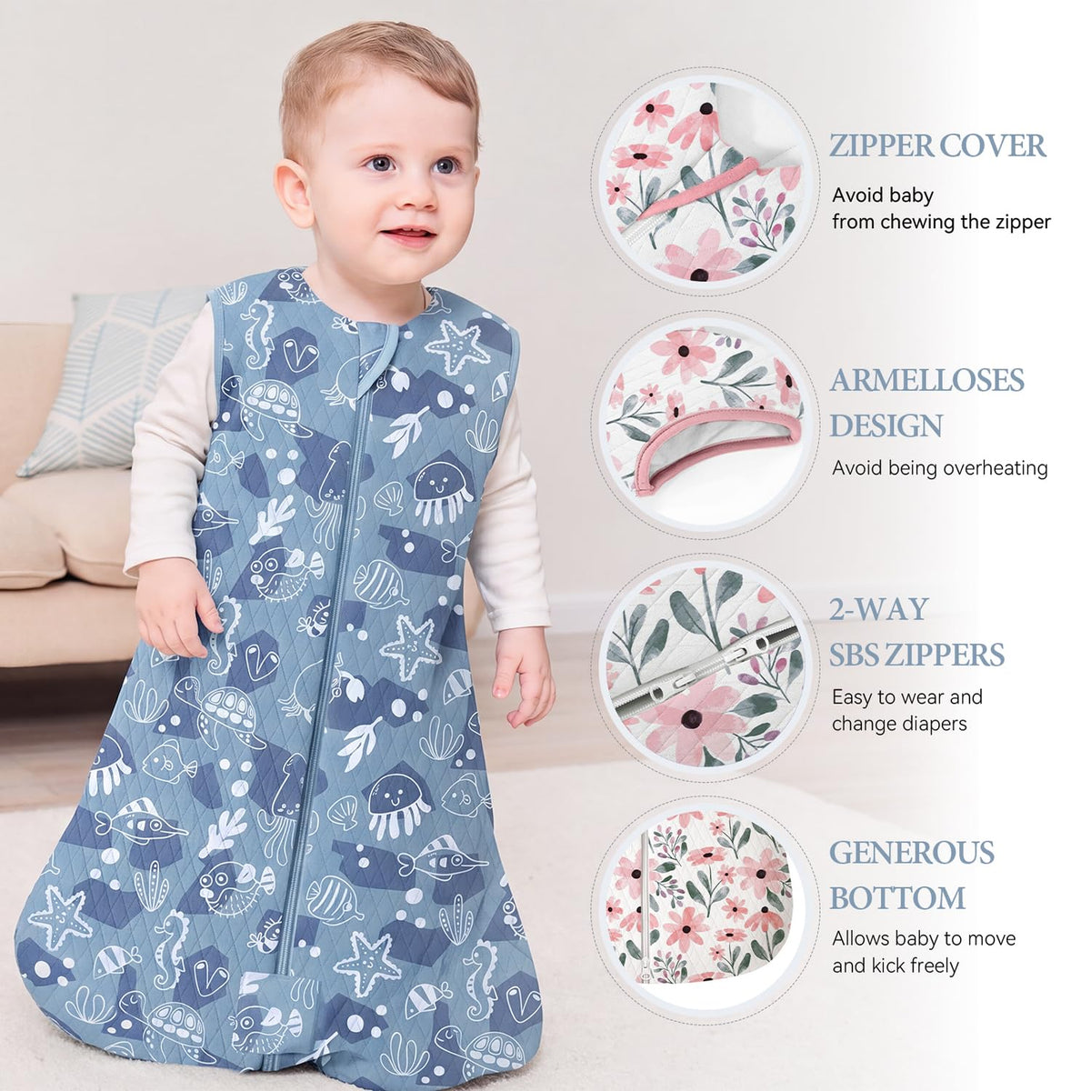 Yoofoss Babyschlafsack Winter Baumwolle 2.5 Tog 67cm 0-6 Monate Meeresblau warm