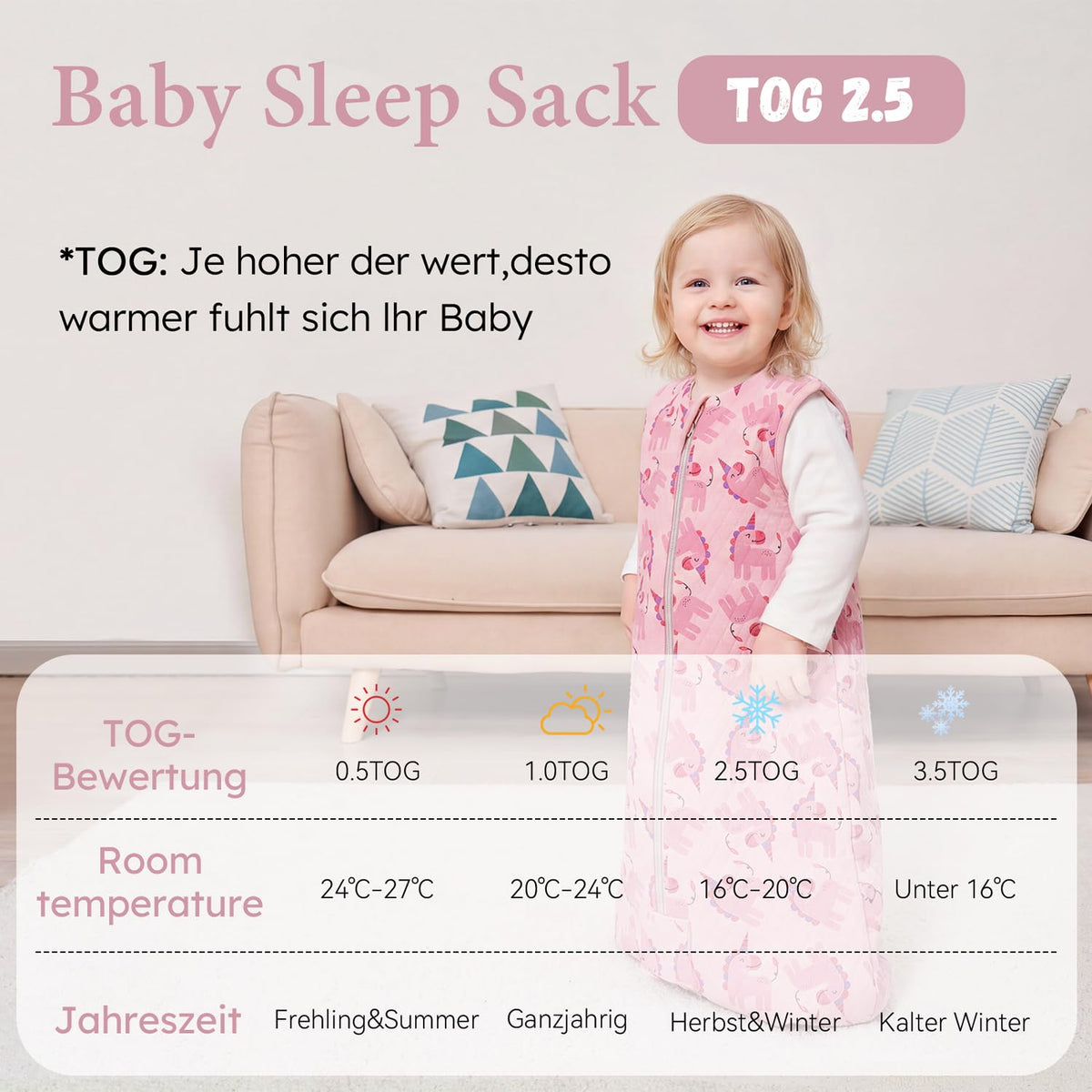 Yoofoss Winterschlafsack Baby 2.5 Tog 67cm 0-6 Monate Baumwolle Einhornrosa warm atmungsaktiv