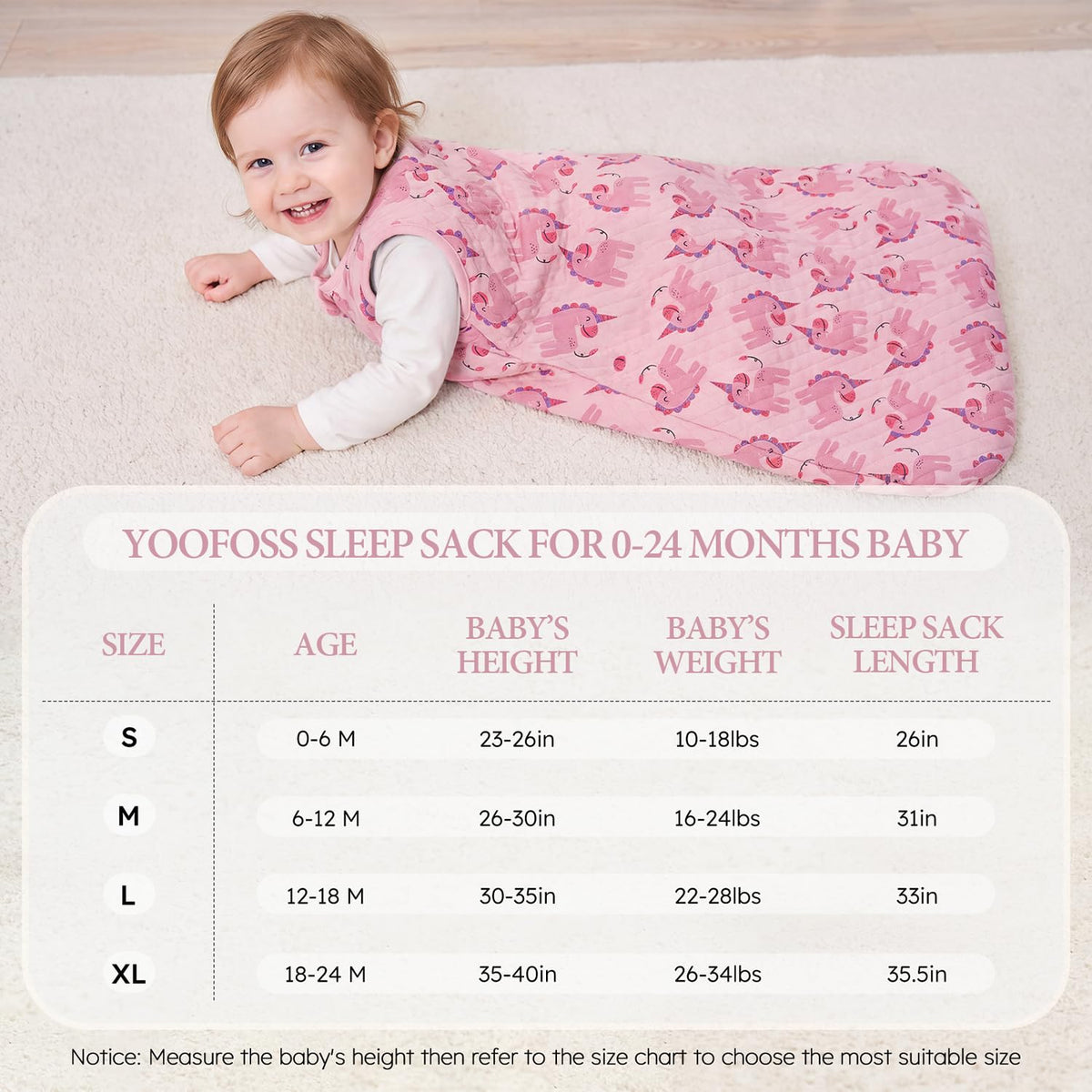 Yoofoss Winterschlafsack Baby 2.5 Tog 67cm 0-6 Monate Baumwolle Einhornrosa warm atmungsaktiv