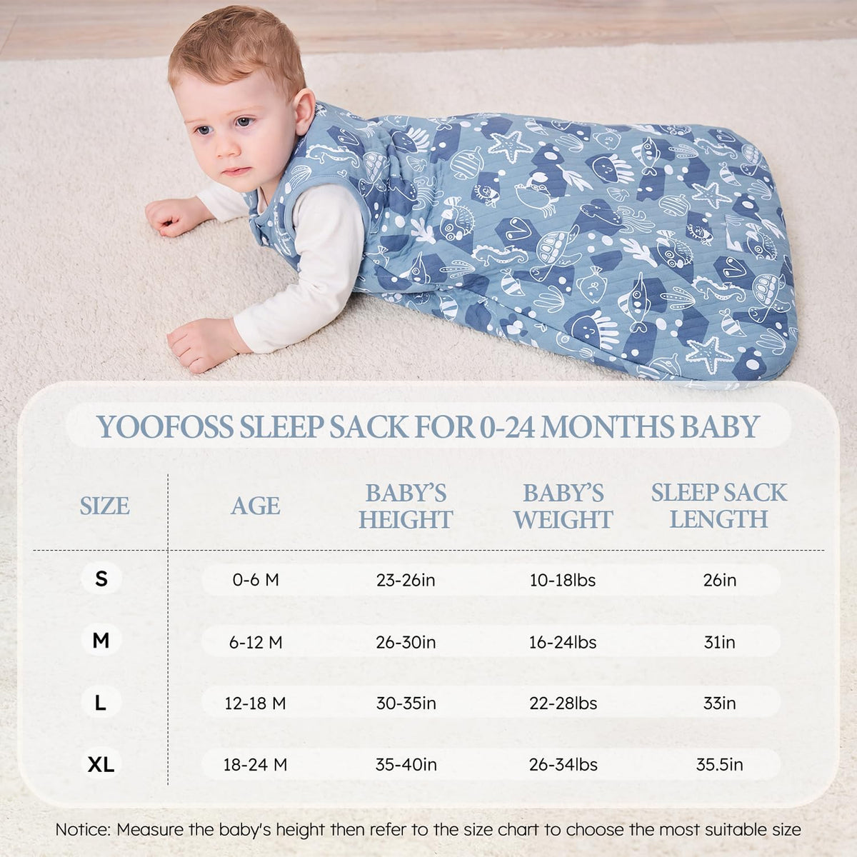 Yoofoss Babyschlafsack Winter Baumwolle 2.5 Tog 67cm 0-6 Monate Meeresblau warm
