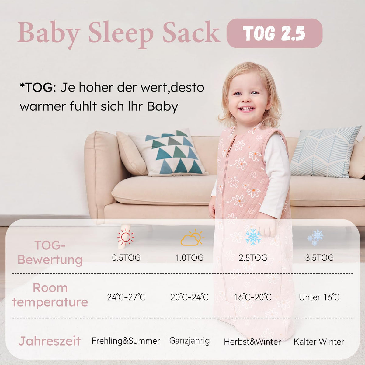 Yoofoss Babyschlafsack Winter 2.5 Tog 67cm 0-6 Monate Baumwolle rosa Blumenmuster