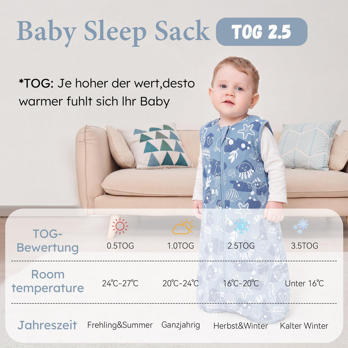 Yoofoss Babyschlafsack Winter Baumwolle 2.5 Tog 67cm 0-6 Monate Meeresblau warm